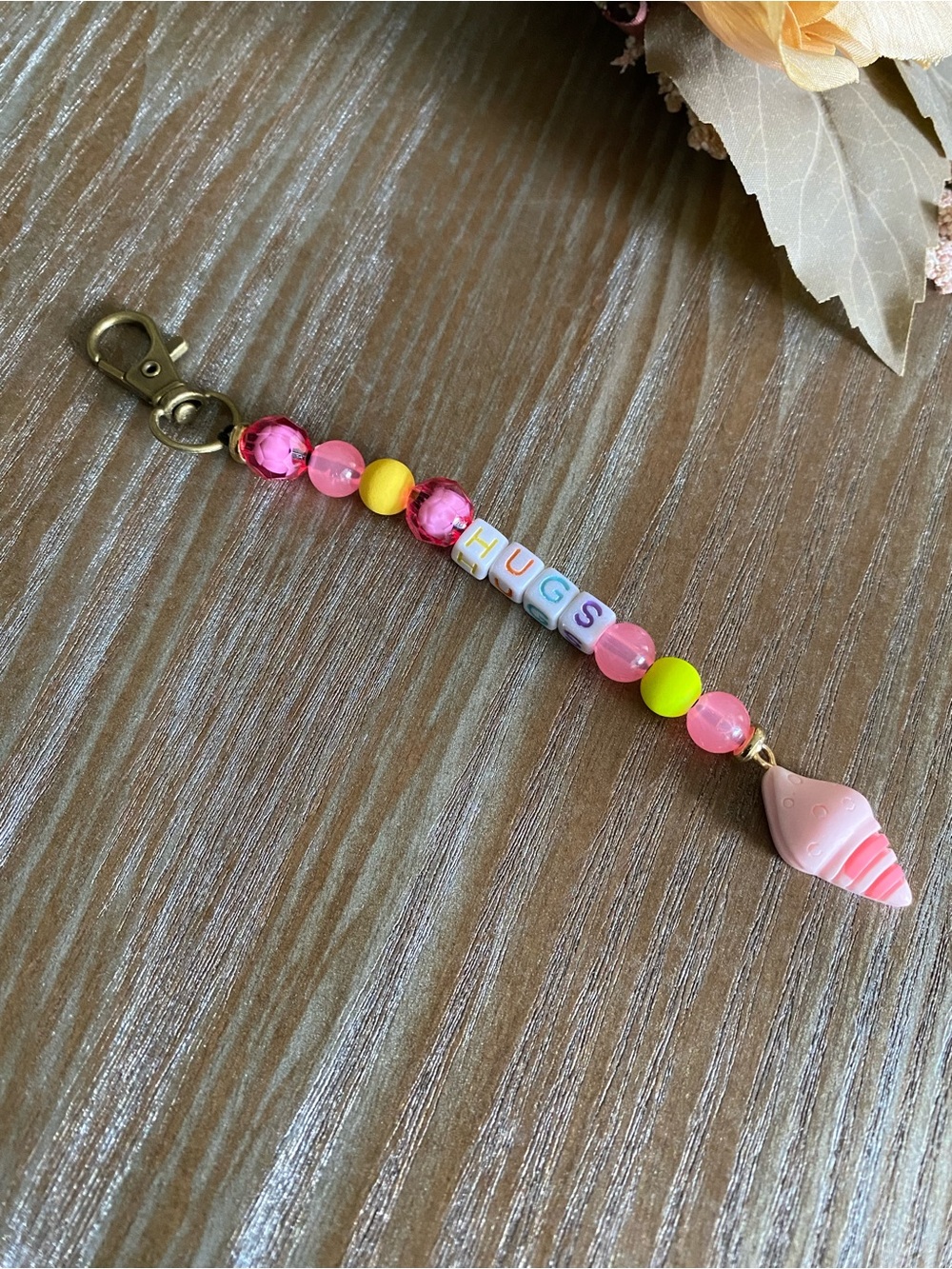 Kids Beaded Dangle - Pink 'HUGS' Shell Accent